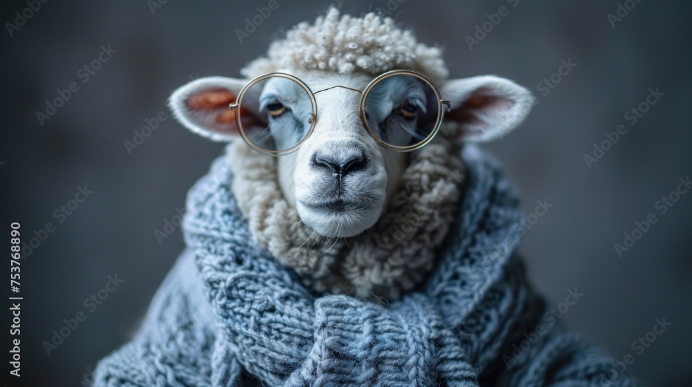 Fototapeta premium a sheep wearing a sweater and glasses with a knitted scarf around it's neck and looking at the camera.