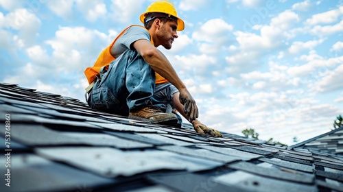 A roofer repairs a roof, worker replaces shingles on the roof of a home. Generative AI.