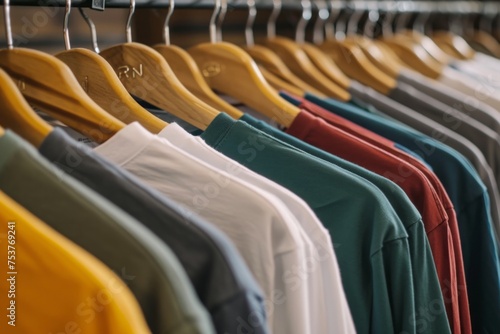 Clean, ironed t-shirts on a hanger in a store or at home in a light wardrobe. Clothing store concept for sale