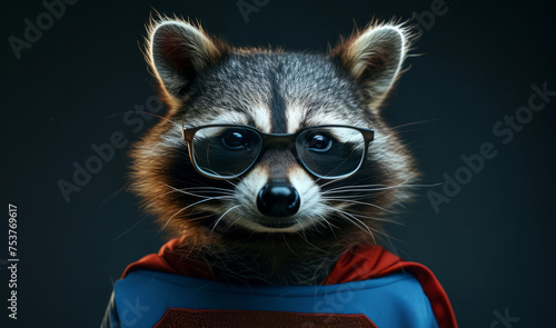 Close up portrait of a raccoon in a superman costume wearing glasses 