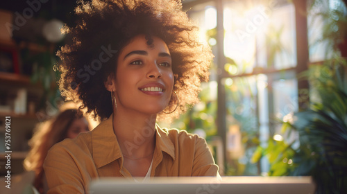 Advertorial shot, Happy and relieved business woman behind laptop, rays of sunshine caress his face. AI Generated