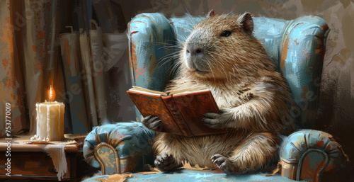a capybara reading a book while sitting in a chair with a lit candle in the corner of the room. photo