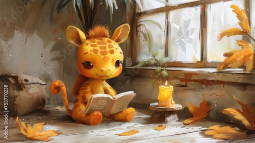 a painting of a giraffe sitting next to a window reading a book with a candle in front of it. photo