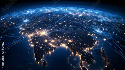 A graphical representation of the Earth at night highlighting global network connectivity, symbolizing international data communication and exchange.
