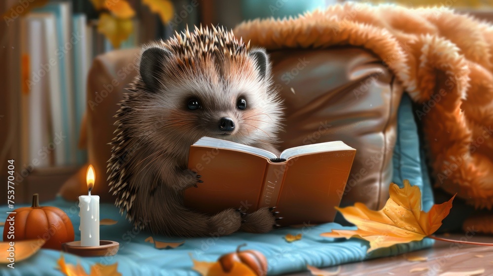 a hedgehog sitting on a couch reading a book next to a lit candle and a pile of autumn leaves.