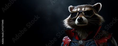 Close up portrait of a raccoon in a superman costume wearing glasses   © Sunny