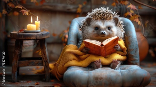 a hedgehog sitting in a chair reading a book next to a small table with a lit candle on it.