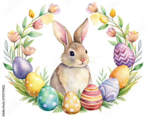 Watercolor painting of bunny with Easter eggs - A soft watercolor image displaying a rabbit with a variety of patterned Easter eggs nestled in a floral frame