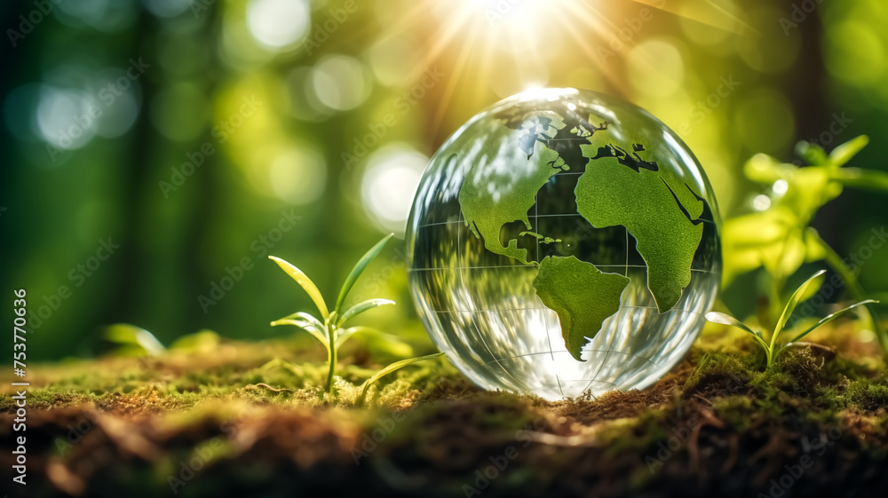 A transparent crystal globe featuring the continents amidst a lush forest setting, with a sun flare peeking through, symbolizing global environmental awareness.
A transparent crystal globe featuring the continents amidst a lush forest setting, with a sun flare peeking through, symbolizing global environmental awareness.