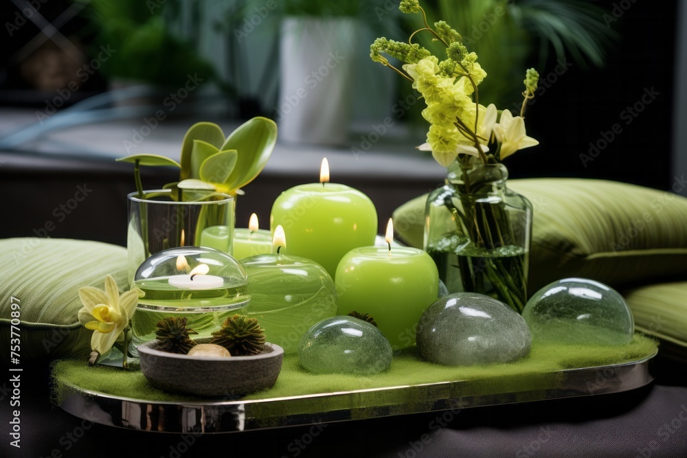 Elegant luxury spa area with folded fluffy green towels in a spa center in soft colors, with softly lit candles around and flowers and plants nearby Elegant luxury spa area with folded fluffy green towels in a spa center in soft colors, with softly lit candles around and flowers and plants nearby