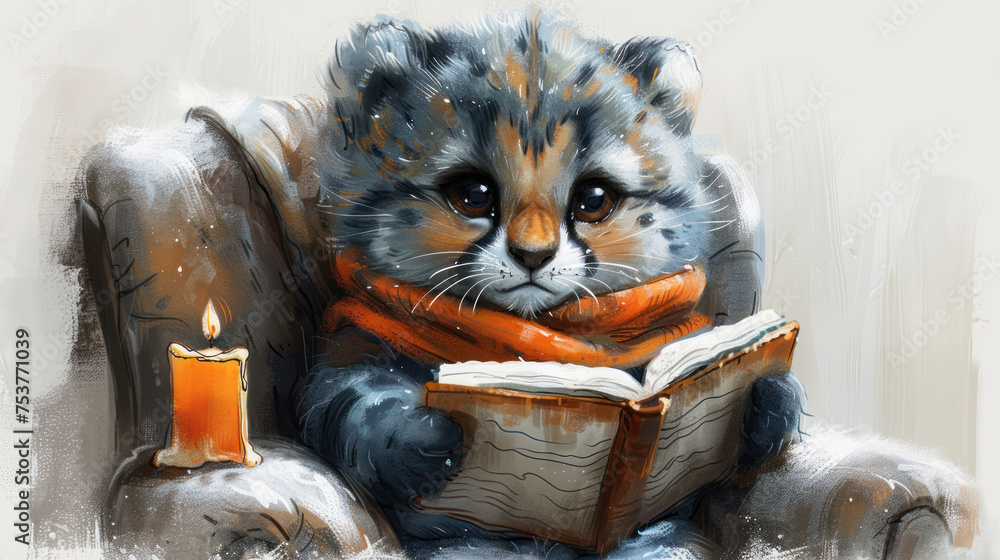 a drawing of a cat sitting on a chair reading a book with a lit candle ...