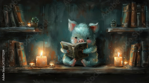 a painting of a pig reading a book in front of bookshelves with candles and candles in the background.