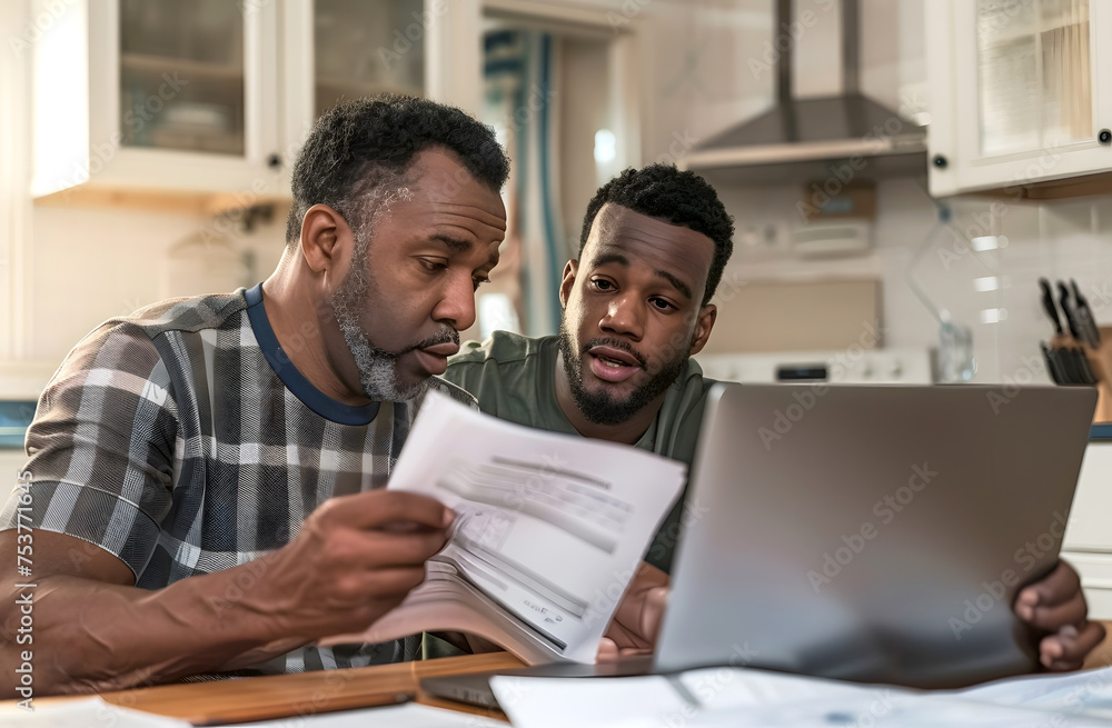 Obraz premium Black man and his son reviewing mortgage papers