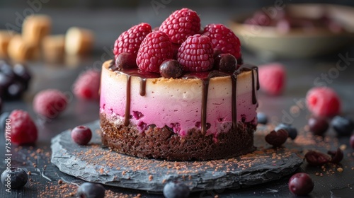 a cake topped with raspberries and chocolate on top of a slate slab surrounded by crumbs and nuts. photo