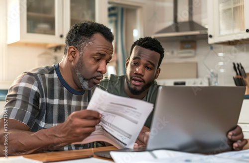 Black man and his son reviewing mortgage papers