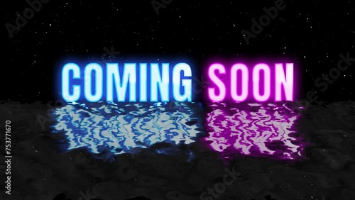 Coming Soon 80s retro neon glow cyberpunk color text Intro and Outro motion graphic template with ocean wave and stars burst particle black background. 4k Coming Soon end screen 2d animation.
