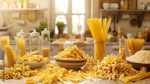 A selection of different types of pasta arranged on a kitchen counter