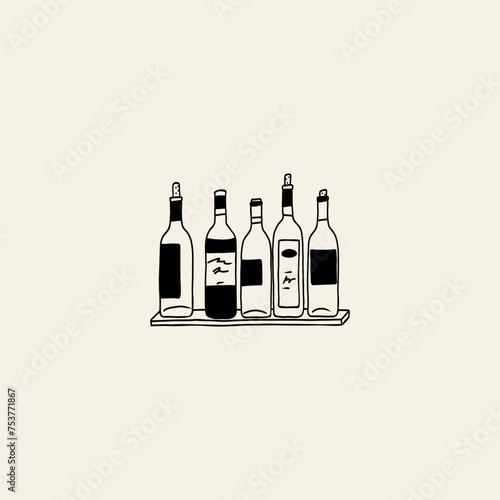Line art doodle wine bottles on shelf