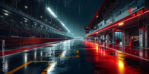 Glimmering F Racing Track Shines in Nocturnal Downpour with Electrifying Ambiance. Concept Car Racing, Night Photography, Motion Blur Effects, Rainy Weather, Exciting Atmosphere © Ян Заболотний
