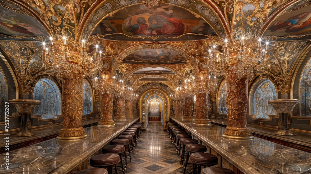 Dream-like, unreal interior of a restaurant in palace setting Dream-like, unreal interior of a restaurant in palace setting