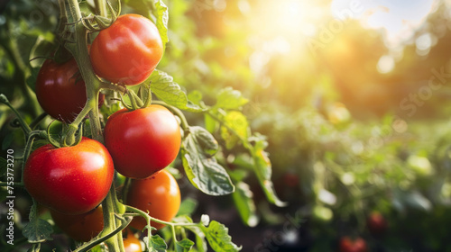 Ripe tomatoes on branches, sunlight, close-up