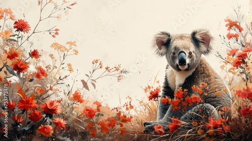 a painting of a koala sitting in a field of wildflowers with a white wall in the background.
