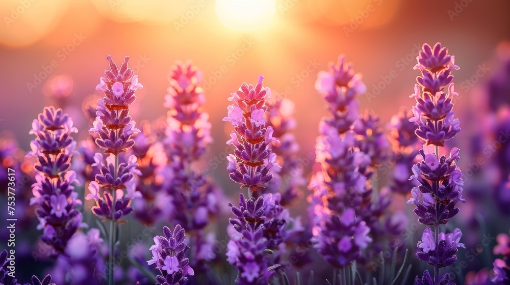 a field of lavender flowers with the sun shining in the backgrounnd of the field in the background.