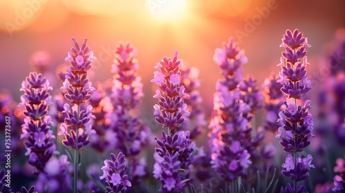 a field of lavender flowers with the sun shining in the backgrounnd of the field in the background.