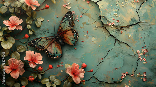 3D Floral Butterfly Cracked Wall as Wallpaper