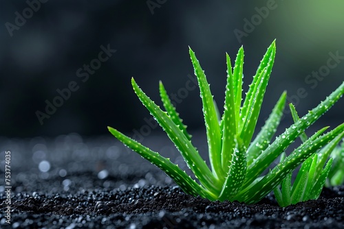 Close up small sprouts of aloe plant with water droplets after watering, concept of alternative health and face and body care photo