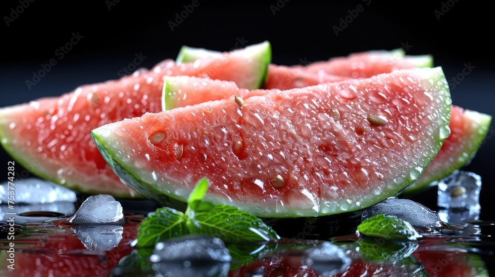 a group of watermelon slices sitting on top of ice cubes on top of a ...