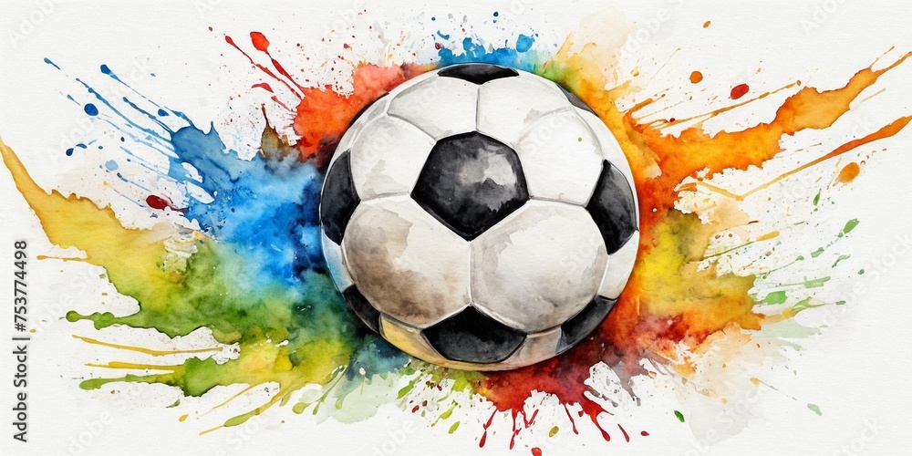 Soccer ball with watercolor splashes on a white background.