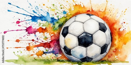 Soccer ball with watercolor splashes. Watercolor illustration.