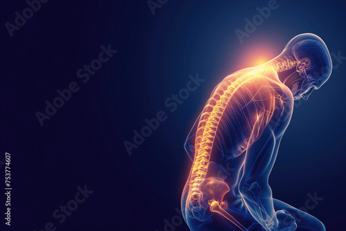 An X-ray-like digital visualization of a human figure with a glowing spine in a bent posture, signifying back pain, spinal health, and chiropractic care, suitable for medical educational content and photo