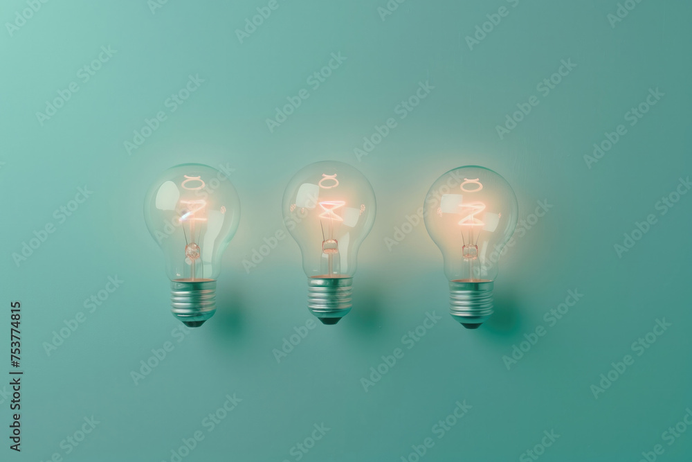 Three glowing light bulbs on a turquoise backdrop, ideal for ideas on energy efficiency, creativity in design, and modern electrical solutions. High quality illustration Three glowing light bulbs on a turquoise backdrop, ideal for ideas on energy efficiency, creativity in design, and modern electrical solutions. High quality illustration