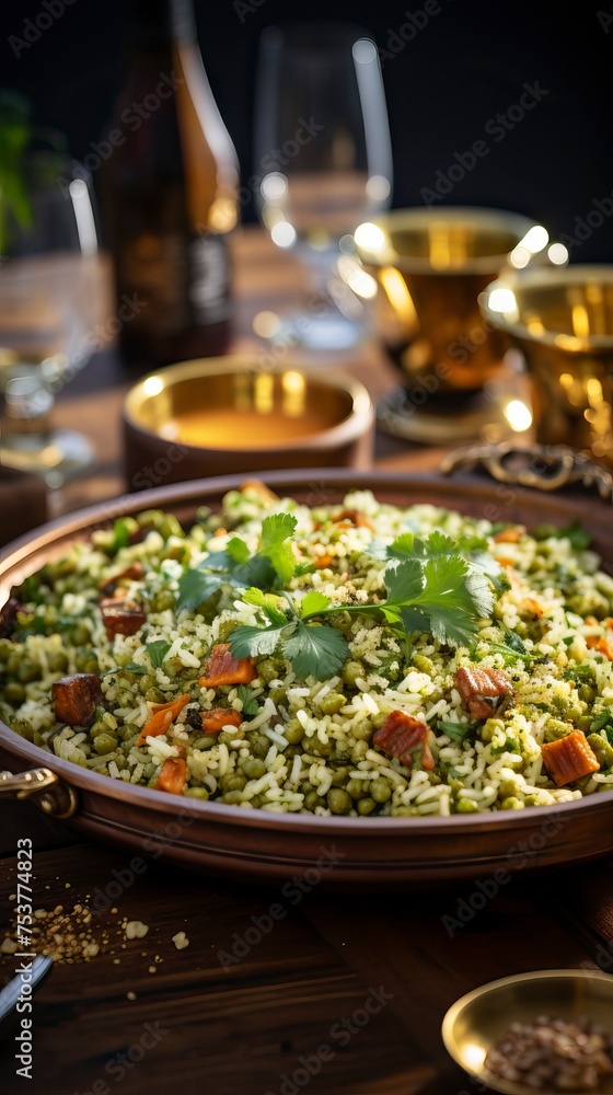 A traditional indian pulao bowl with vegetables and spices