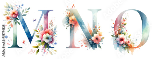 Spring Floral Alphabet M N O. Watercolor Spring Floral Letters Decor.  photo