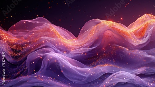 a computer generated image of a wave of purple fabric with gold sparkles and stars on a purple background with a black background.