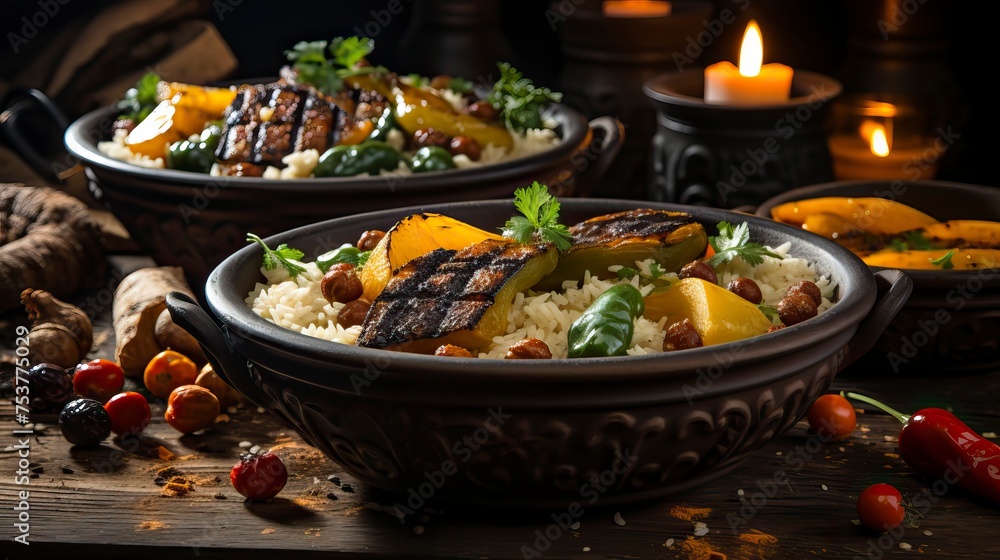 A traditional indian pulao bowl with vegetables and spices A traditional indian pulao bowl with vegetables and spices