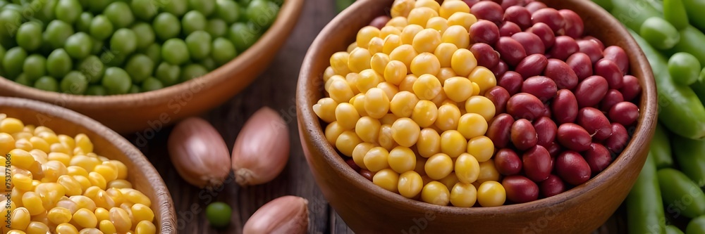 Fresh Corn Kernels, Green Peas, and Red Beans Arranged on Wooden Surface Fresh Corn Kernels, Green Peas, and Red Beans Arranged on Wooden Surface