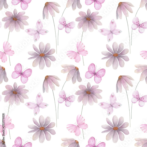 Watercolor seamless pattern with flowers and butterflies. Hand drawn flortal  illustration on white background