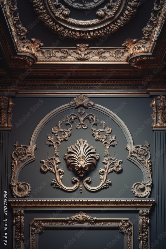 Decorative clay stucco with an ornament on a dark ceiling or wall in an abstract classic dark interior
Decorative clay stucco with an ornament on a dark ceiling or wall in an abstract classic dark interior