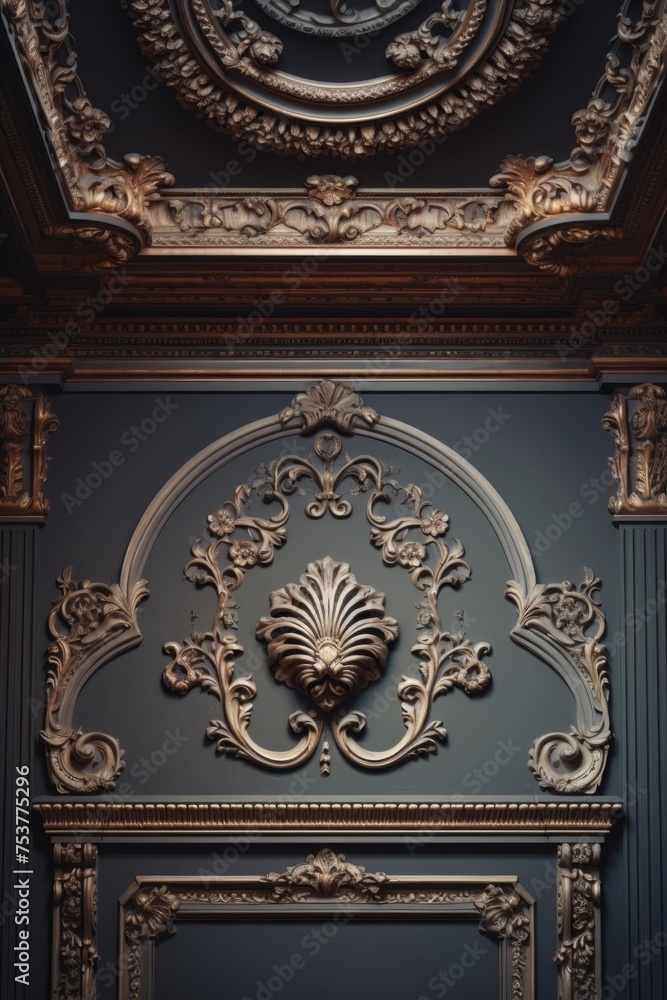 Decorative clay stucco with an ornament on a dark ceiling or wall in an abstract classic dark interior	
