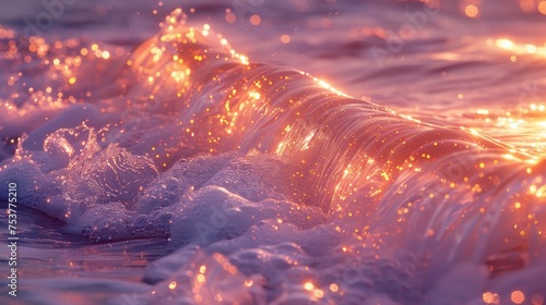 a close up of a wave in the ocean with the sun shining on the water and it's foamy surface.