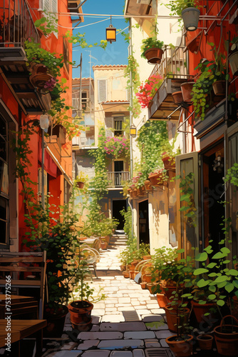 Illustration of the typical ancient street alley and building in Italy where residents live their daily lives. © Aisyaqilumar