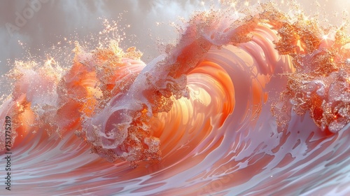 a painting of a wave in the ocean with orange and white swirls on the water and on top of the wave is an orange and white frother. © Shanti