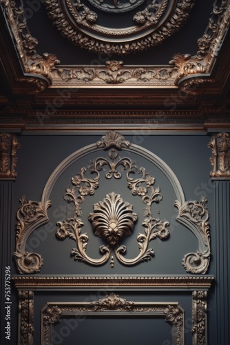Decorative clay stucco with an ornament on a dark ceiling or wall in an abstract classic dark interior 
