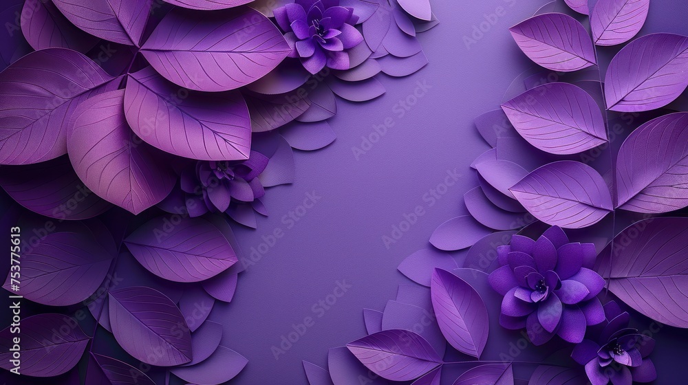 a purple background with purple leaves and purple flowers on the left ...