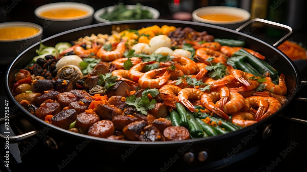 An array of food 
on a table in the style of chinese new year. Food illustration