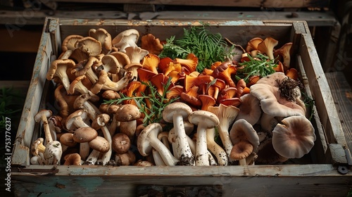 a rustic wooden crate filled with a variety of fresh mushrooms, showcasing their earthy colors and delicate textures